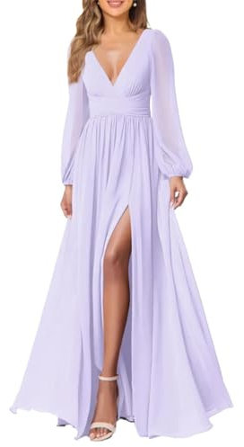 Vestido de dama de honor de gasa con cuello en V y bolsillo formal de manga larga para boda, Lila, 38