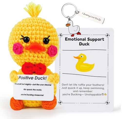 Vspek Emotion Support Crochet Duck, Good Luck Gifts Positive Doll with Card&Keychain, Pocket Hug Gift for Women, Men, Friends, Co Workers, Birthday Graduation Teacher, Cute Desk Decor for Home Office
