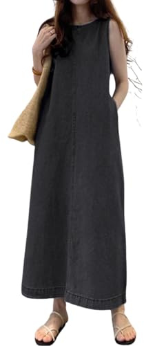 Vestido Largo Informal sin Mangas de Mezclilla para Mujer, Estilo Vintage, Holgado, con Cuello Redondo y Bolsillos (Black,XL)