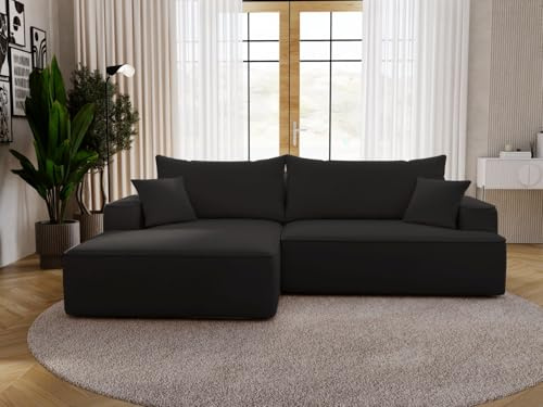 GRAINGOLD California Ecksofa mit Schlaffunktion & Bettkasten 270x165 cm, L-Form Sofa mit Stauraum, Schlafcouch für Wohnzimmer, Velour, 3-Sitzer Eckcouch, Modernes Design (Schwarz, Links)