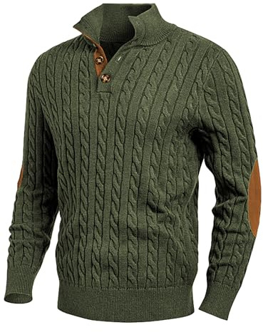 JMIERR Herren Pullover mit Zopfmuster lässiger Stehkragen grobe Freizeit-Strickpullover mit 1/4-Knöpfe Winterpullover Herren Dunkelgrün XL