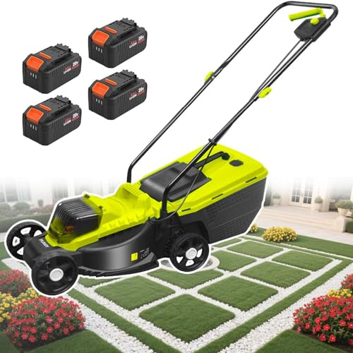 Cortacésped Eléctrico Inalámbrico Con Cuchilla De Acero Al Manganeso 13,5 Pulgadas, Batería 40 V Sin Escobillas, Ajuste De Altura Corte 3 Posiciones 30-70 Mm Y Motor Sin Escobillas 3400 Rpm,Battery*4