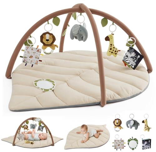 Blissful Diary Gimnasio Bebe, Manta Actividades Bebe De Forma De Hoja Con Arco Desmontable Y 6 Juguetes, Manta Juegos Bebe Para Desarrollo Sensorial Y Motor, Regalo Esencial Para Bebés, Beige Avena