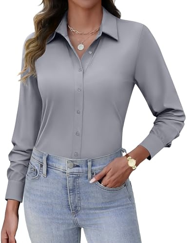 HOTOUCH Work Button Up Shirts for Women Long Sleeve Blouse Slim Fit Collared Office Suit Tops Gray XL