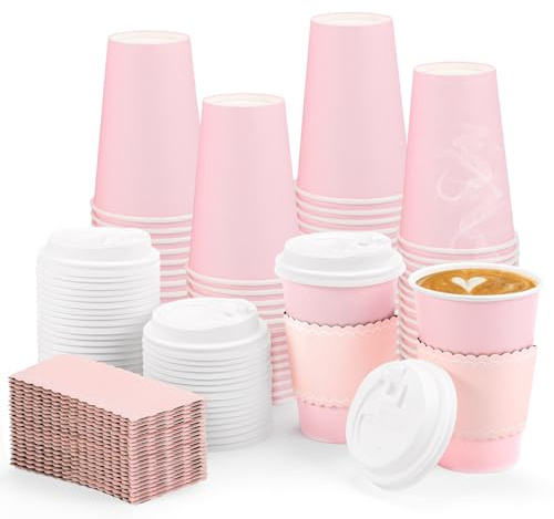 50 Pack Pink Coffee Cup with Lids Sleeves, 12oz Insulated to Go Paper Cups | Pink Party Cups Disposable Paper Cups, Drinking Cups for Wedding Birthday Baby Shower Party Supplies