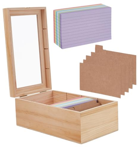 OLYCRAFT Organizzatore di Schede Indice 7.3x12.8cm Set di Scatole Portaoggetti In Legno A 4 griglie con 10 divisori 300 foglietti Adesivi per Riporre Biglietti Da Visita In Ufficio Scrivania