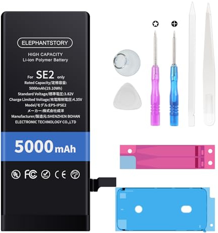 ElephantStory Batterie pour iPhone SE 2020/ SE2, 5000 mAh Haute Capacité Lithium Polymère Batterie de Remplacement pour A2275 A2296 A2298 avec Guide et Tous Les Outils de Réparation