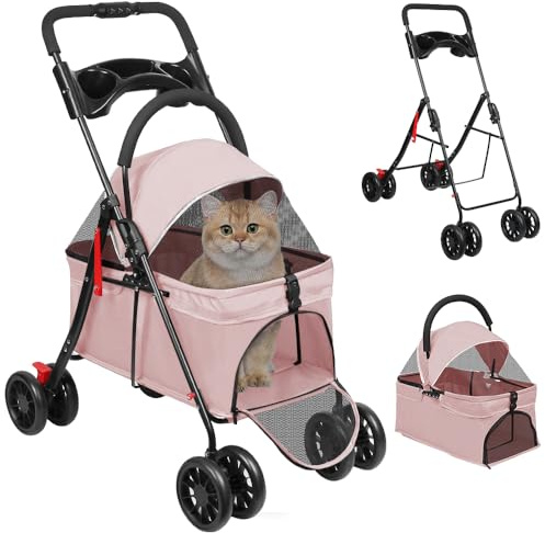 Belfoyer Poussette pour Chien et Chat Pliable et Séparable – Chariot pour Animaux jusqu’à 15 kg, Structure en Acier Carbone, Tissu Oxford Respirant, Facile à Ranger, pour Petits Chiens et Chats(Rose)