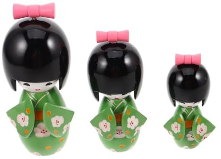 QUMIIRITY Muñecas Japonesas Tradicionales de Madera Kimono, Set de 3 Piezas en Tonos Verde Césped y Flores de Ciruelo, Figuras Coleccionables Decorativas para Hogar, Oficina y