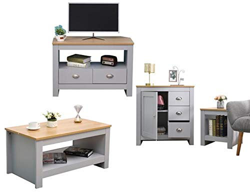 CF Furniture Living Room 4 Piece Set Lamp Table Coffee Table TV Stand Multi Storage Cupboard Modern Simple Practical Grey+Oak