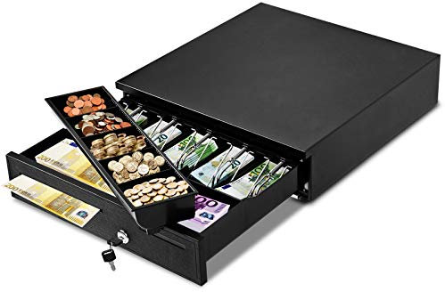RELAX4LIFE Kassenschublade mit Schlüssel, Geldkassette abschließbar, Kassenlade Elektrisch, Münzzählbrett & Scheinfächer, Geldbox Metall, Geld Aufbewahrung 40,5 x 42 x 10 cm, Schwarz