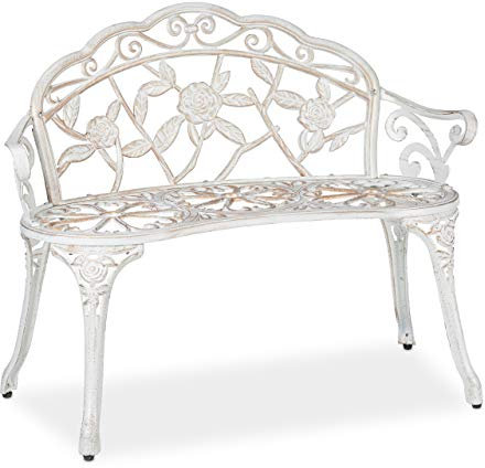Relaxdays Gartenbank, 2 Sitzer, Rosen, Terrasse, Balkon, Alu & Gusseisen, antike Sitzbank, 78 x 98 x 57 cm, weiß/Bronze