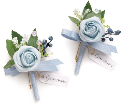 Ling's moment Boutonniere for Men, 2pcs Groom Groomsmen Guest Boutonniere, Artificial Flowers for Wedding/Prom/Homecoming, etc.Light Blue White