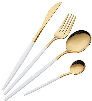 OUQIWEN 16 Pièces Couvert Or et Blanc, Ensemble de Couverts avec poignées Blanc, 4 personnes Couteau Fourchette Cuillère