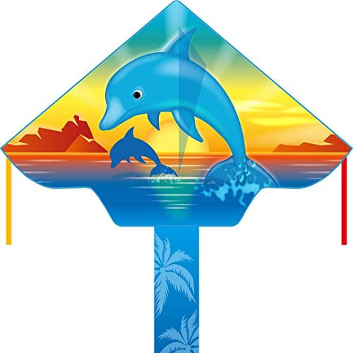 HQ Design Ecoline Simple Flyer 120 Kinderdrachen Flugdrachen Drachen zum steigen Lassen wenig Wind ab 5 Jahre 75x120cm+1.5m Drachenschwanz 17kp Polyesterschnur 25m auf Griff 2-5 Bft (Dolphin Sunset)