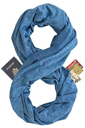 Zero Grid Infinity Travel Scarf Loop with Hidden Zipper Pockets for Passport, Phone, Cash, Cards - Converts to Blanket, Wrap, or Shawl - Sapphire Blue