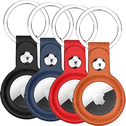 4 Pièces Étui de Protection for Airtags 2021, Support de Protection Airtag, étui Anti-Rayures Portable pour AirTags, avec Porte-clés, PU, Rouge, Marron, Noir, Bleu