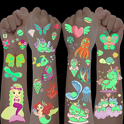 200+Tattoos Mädchen, Glitzer Tattoo Set Kinder mit Einhorn Schmetterling Meerjungfrau Tattoo, Einschulung Geschenk Mädchen 4 5 6 7 8 9 Jahre, Schultüte Füllung, Adventskalender Füllung Kinder