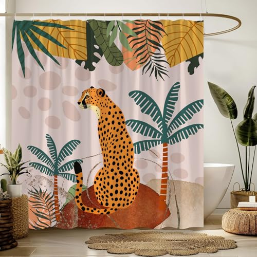CCXTCZ Mid Century Leopard Duschvorhang Boho Gepard Tropischer Dschungel Tier Wildtiere Tiger Palmenblätter Ästhetisch Minimalistisch Moderne Kunst Stoff Badezimmer Dekor Vorhänge mit Haken, Gelb Rosa