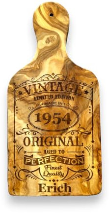 Personalisiertes Servierbrett aus Olivenholz mit Gravur, Motiv Vintage mit Jahrgang und Name, Holzbrett als Geburtstagsgeschenk, Schneidebrett, Käsebrett, ca. 30 cm x 15 cm