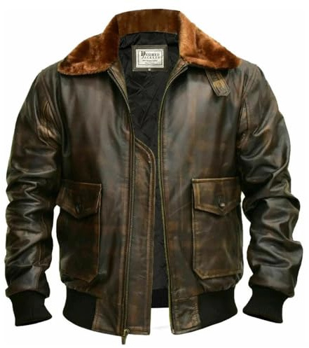 Mens G-1 Fur Collar US Navy Flight Distressed Brown Aviator Genuine Leather Jacket (L, Brown Real Leather Jacket)