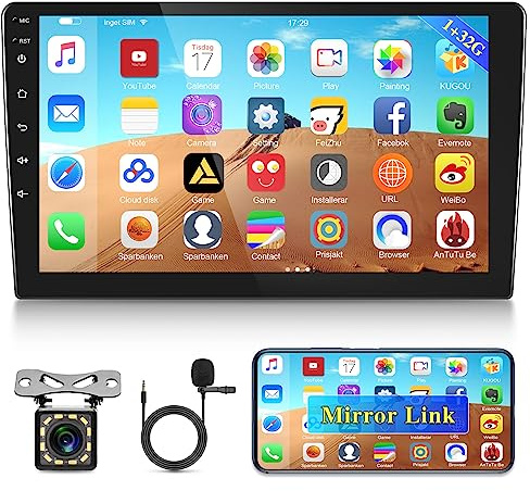 10.1 inch Android Double Din Car Stereo, [1G+32G] Touch Screen Android Radio with Wireless&Wired Mirror Link/1080P/EQ/WiFi/SWC/Bluetooth +Backup Camera+MIC