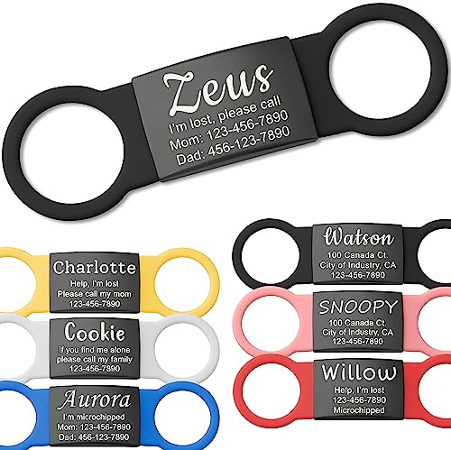 Anavia Slide On Silent Pet ID Tags, S/M/L/XL Personalized Black Stainless Steel Colored Silicone Cat Dog Name Tag, Customized Engraved Nameplate, Quiet Chew-Proof Pet Collar Tag (Black, Large)