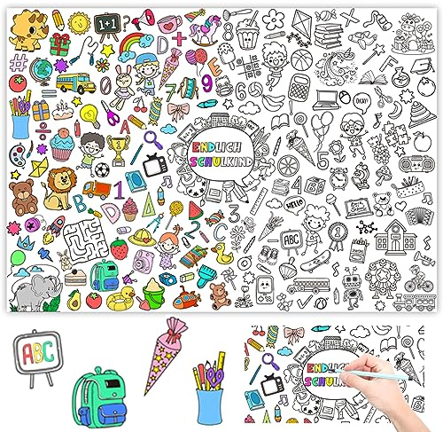 Ausmal Tischdecke Einschulung, Papier Ausmaltischdecke Schulanfang Schultüte Tiere Motiven, Schulanfang Geschenke für die Schultüte Füllung Mädchen Jungen