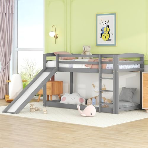 KecDuey Cama infantil de 90 x 200 cm, litera para jóvenes y adolescentes, cama de madera con tobogán, marco de madera maciza, fácil montaje (gris)