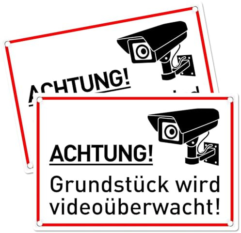 LEEPAT 2 Stück Achtung Videoüberwachung Schild,30x20cm Aluminium Video Warnschilder, inkl.4 Bohrlöcher Abgerundete Ecken Hinweisschild, für Zuhause,Outdoor, Einheitsgröße