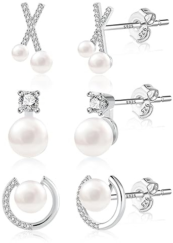 Ensemble de Boucles d'Oreilles à Tige en Argent Sterling 925 - 3 Paires de Petites Perles d'Eau Douce Blanches et Strass en Zircon AAA+