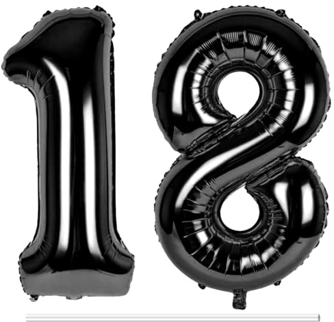LAPONO Zahlen Luftballons 18 Schwarz, 2 Folienballons Zahlen 1+8, Helium Geeignet mit Aufblashalm, Selbstschließendes Ventil, Geburtstag Deko Party Foto für 18. Geburtstag Jubiläum Tischdeko Alter
