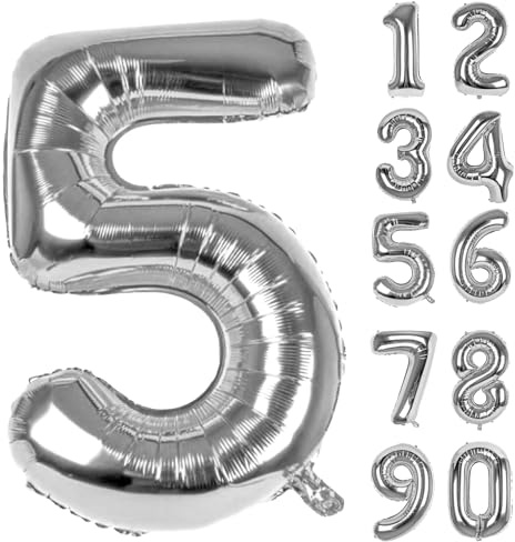 LAPONO Zahlen Luftballon 5 Silber, Folienballon Zahl 95 × 50 cm, Helium Geeignet mit Aufblashalm, Selbstschließendes Ventil, Geburtstag Deko Party Foto für 5 15 50 Jahre, Jubiläum Tischdeko