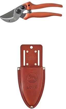 Original LÖWE Set bestehend aus Profi Amboss Schere 15.104 für hartes Holz wie Kiefer, Linde, Fichte, Lärche & Leder Premium Holster 9809 mit Gürtel-Clip zur Aufbewahrung am Gürtel oder Hosentasche