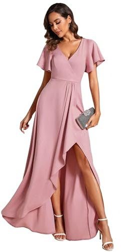 Ever-Pretty Robe de Soirée Femme Longue Col V Manches Courtes Fendue Asymétrique A Line Chic Rose Poussiéreuse 42