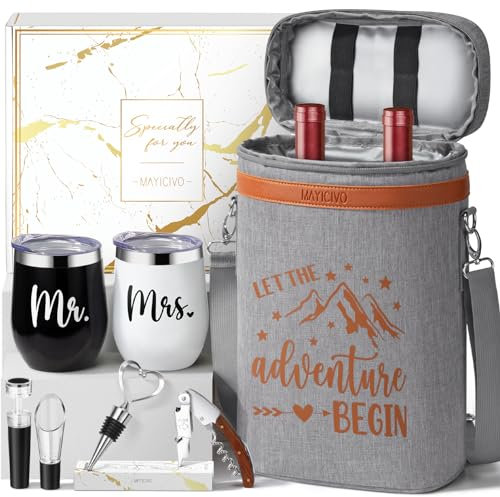 Wedding Gifts for Couples, Mr and Mrs Wine Tumblers Gifts - Engagement, Bridal Shower, Newlywed, His & Hers, Valentines Day, House Warming-Insulated Wine Cooler Tote Bag w/ Wines Accessories Gift Set