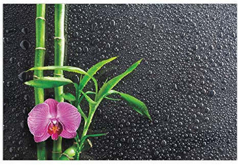 Wallario Wandbild - Bambus und Pinke Orchidee auf schwarzem Glas mit Regentropfen in Premiumqualität, Poster mit rahmenlosen Bildhalter, Größe: 61 x 91,5 cm