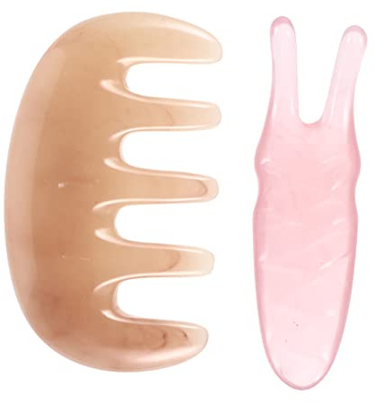 FRCOLOR Peine Raspador y Tenedor Multifuncional 2 Piezas Set, Masajeador De Cuero Cabelludo y Tablero De Guasha, Material Resistente, Color Rosa, Para Acupresión y Relajación Facial, Cuidado Personal
