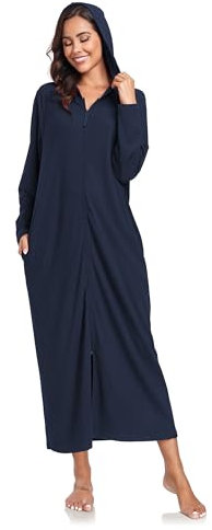 COLORFULLEAF Damen Reißverschluss Bademantel Langarm Kapuze Fleece Bademantel Weich Warm Hausmantel Loungewear mit Taschen(Navy Blau,2XL)