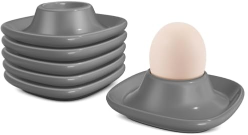 Flexzion Egg Cups for Soft Boiled Eggs - Set of 6 Ceramic Egg Holder - Stackable Egg Coddler Cups with Base for Serving, Breakfast, Brunch - Kitchen Table Decor, Gray