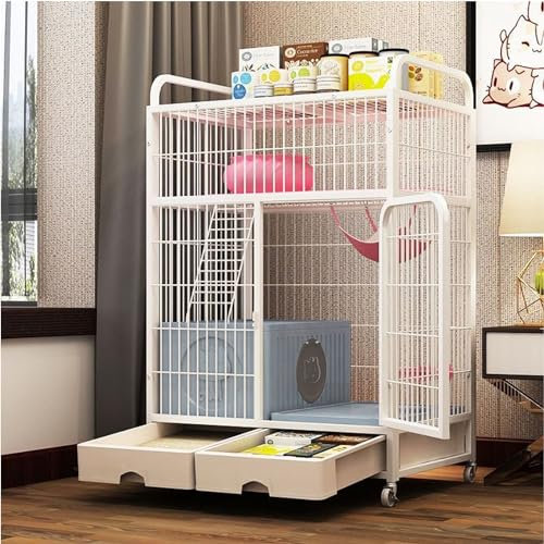 PJDDP 49,6-Zoll-Katzenkäfig, Katzenhütte, Laufstall Mit Katzentoilette, 1 Vordertür, Rampenleitern Und 2 Ruheplattformen, Betten, Tablettkäfig Für Den Innenbereich,Weiß