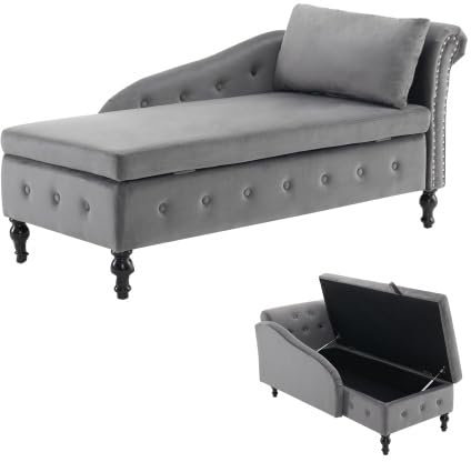Samt Chaiselongue Sofa mit Stauraum, gepolsterte Chaiselongue Couch mit Kissen für Wohnzimmer, moderner Nailhead-Trim & Knopfgetufteter Loungesessel, Schlafzimmer und Büro, rechte Armlehne