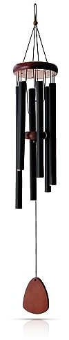 Großes Windspiel für Ihren Außenbereich, stilvolles schwarzes Aluminium-Metall mit Holz-Windfänger, 94 cm tiefes Klangspiel, die perfekte Mischung aus beruhigenden Klängen und elegantem Design