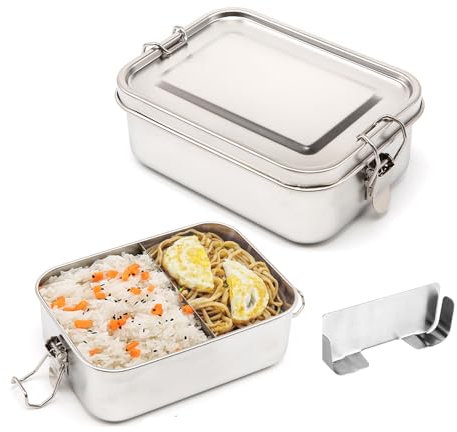 evomosa Scatole per il pranzo in acciaio inox 850ml /1400ml con divisorio rimovibile, bento box in metallo a prova di perdite, contenitore per snack in acciaio con coperchio (850ml)
