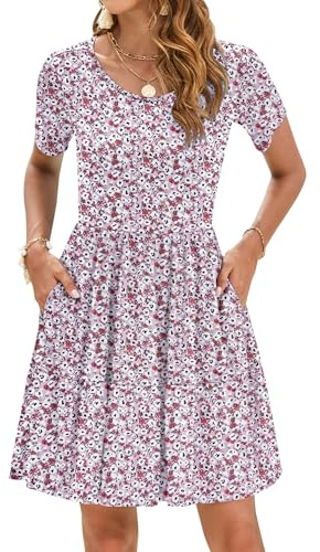 AUSELILY Abiti Estivi Abiti da Spiaggia Casual da Donna Elegante Abito in T-Shirt a Maniche Corte con Orlo a Pieghe e Tasche Fiore Rosso Bianco XL