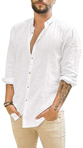 Rodawu Mens Shirts Long Sleeve Cotton Linen Shirts Casual Summer Shirts Lightweight Beach Tops Fashion White Shirt M