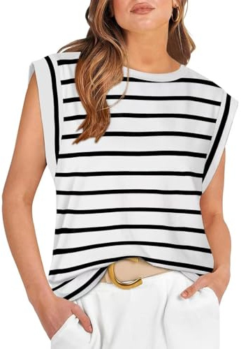 ELFIN Women's Cap Sleeve Tops Crewneck Stripe Top Casual Plain Tee Shirts Elegant Summer Loose Fit Tank Tops White-Black