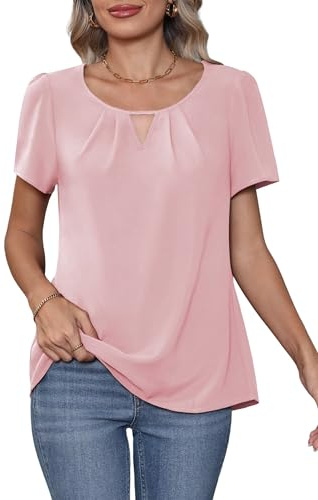 YGJIEGENG Bluse Damen Sommer Kurzarm Chiffon Shirt Rundhals Einfarbig Oberteile Elegant Casual Blusenshirt Business Tunika Top Rosa L