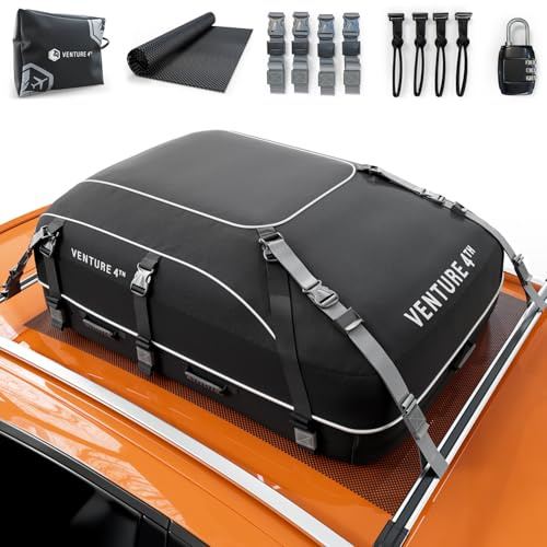 VENTURE 4TH Car Rooftop Cargo Carrier – 21 Cubic Feet Soft-Shell Waterproof Roof Bag with 10 Heavy-Duty Compression & Tie-Down Straps, Anti-Slip Mat & Door Hooks – Fits Cars with or Without Roof Rack