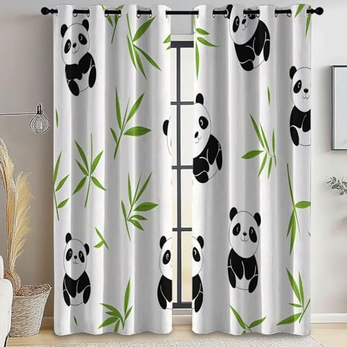 Blickdichte Gardinen mit Niedlich Panda Muster, Verdunkelungsvorhänge mit Ösen Weiß für Schlafzimmer Wohnzimmer, Thermo Vorhänge H 200 x B 70 cm (2er Pack)